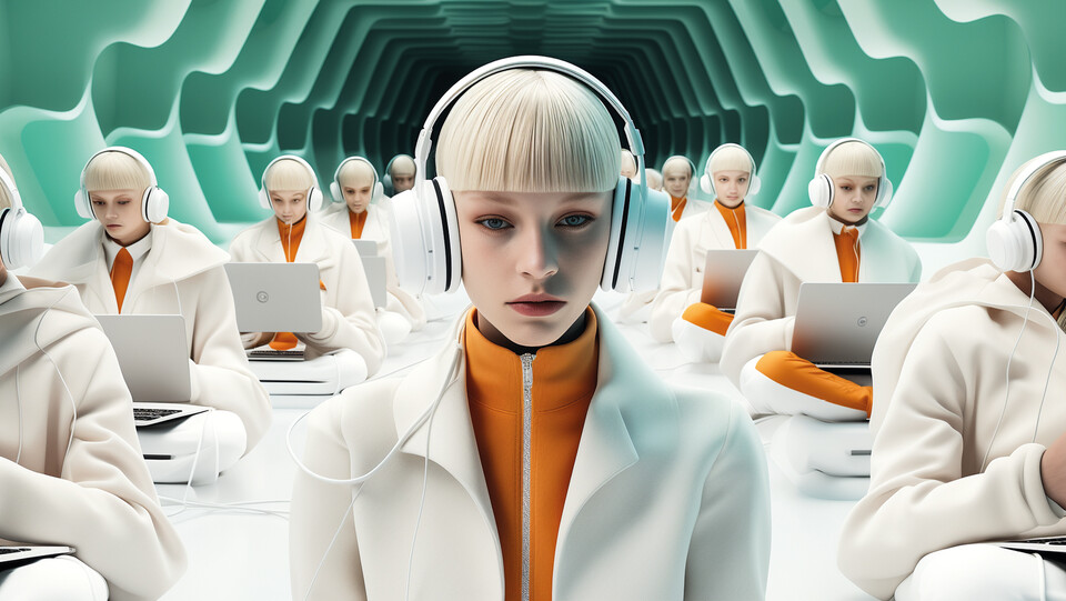 Eine Frau mit wasserstoffblonden Haaren, weißen Kopfhörern und futuristischer orange-weißer Kleidung schaut abwesend vor sich hin. Rechts und links von ihr befindet sich eine Reihe von Frauen, die genauso aussehen wie sie und die in Laptops schauen, die sie auf den Schoß gestellt haben.