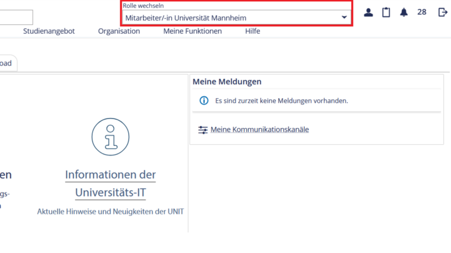 Ein Screenshot von der Webseite Portal² auf dem die Startseite zu sehen ist und das Auswahlfeld "Rolle Wechseln" mit einem roten Kästchen umrandet ist.