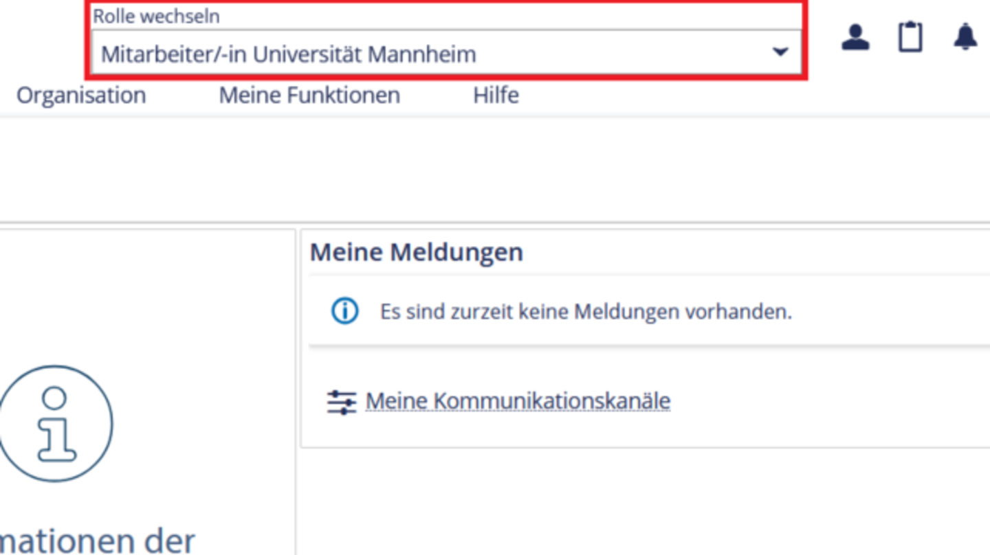 Ein Screenshot von der Webseite Portal² auf dem die Startseite zu sehen ist und das Auswahlfeld "Rolle Wechseln" mit einem roten Kästchen umrandet ist.