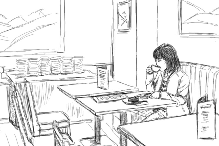 Zeichnung einer Frau, die alleine an einem Tisch in einem Restaurant sitzt und aus einer Tasse trinkt.
