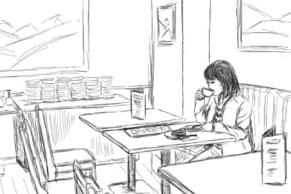 Zeichnung einer Frau, die alleine an einem Tisch in einem Restaurant sitzt und aus einer Tasse trinkt.
