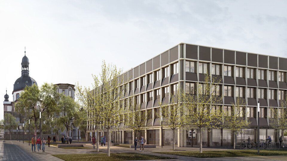 Visualisierung des neuen UNIT-Rechenzentrums mit Glasfassaden und Bäumen, links die Jesuitenkirche Mannheim. Personen flanieren und fahren Fahrrad auf einem gepflasterten Platz.