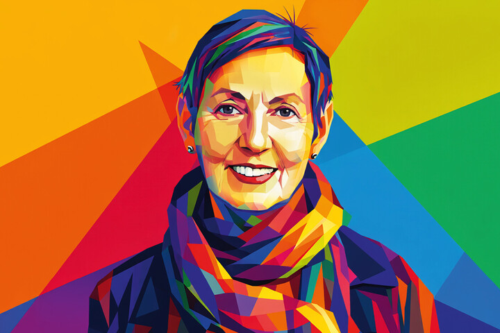 Porträtbild von Sabine Sonnentag, das mit bunten Farben grafisch illustriert wurde.