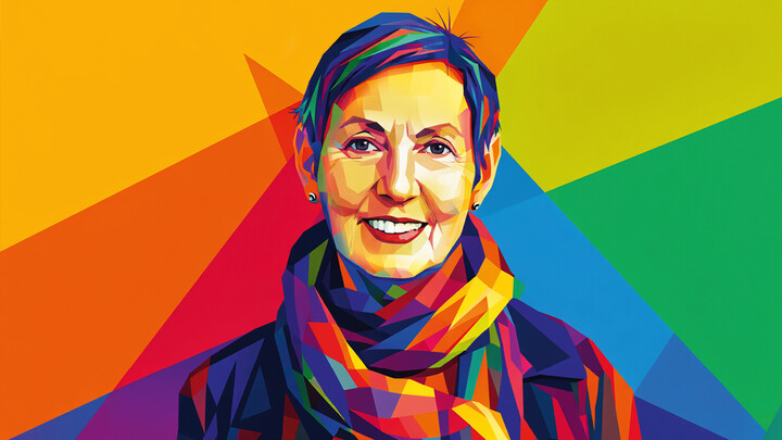 Porträtbild von Sabine Sonnentag, das mit bunten Farben grafisch illustriert wurde.