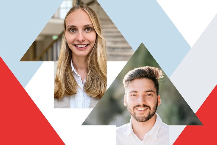 Porträtbilder von Lara Schnieders und Robert Dehghan in Pfeilen, die von weiteren bunten Pfeilen umgeben sind.