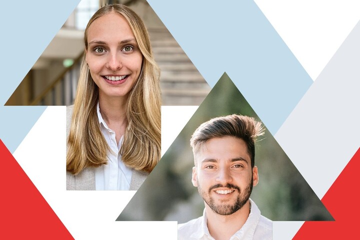 Porträtbilder von Lara Schnieders und Robert Dehghan in Pfeilen, die von weiteren bunten Pfeilen umgeben sind.