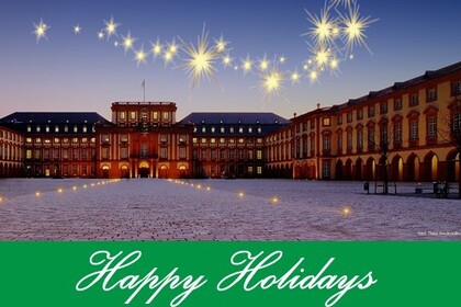 Castle, Ehrenhof at dusk with the caption "Happy Holidays" and the GESS logo below.