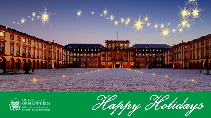 Castle, Ehrenhof at dusk with the caption "Happy Holidays" and the GESS logo below.