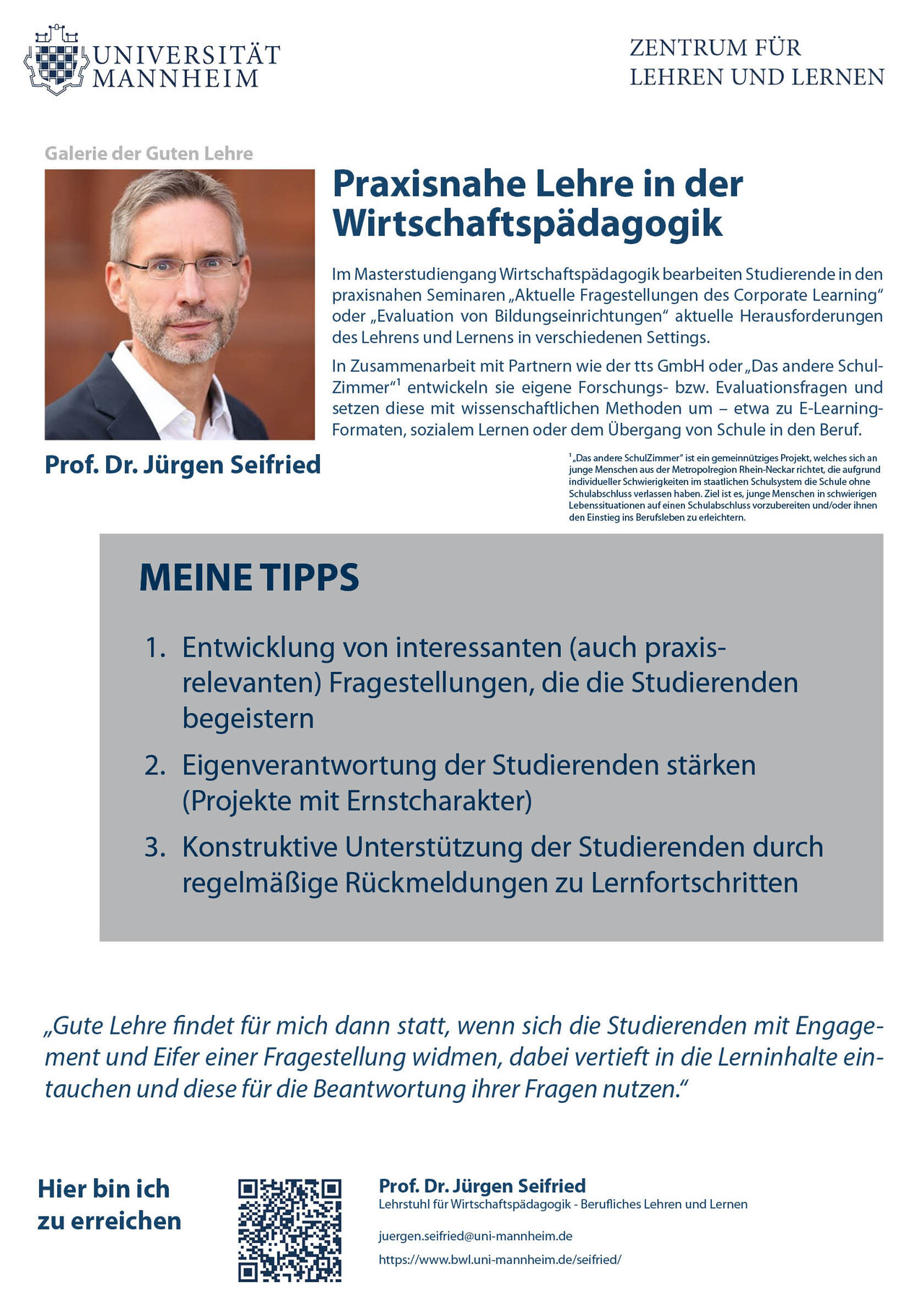 Poster der Galerie der Guuten Lehre von Jürgen Seifried mit dem Titel "Praxisnahe Lehre in der Wirtschaftspädagogik"