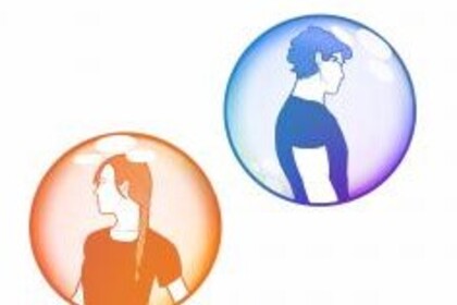 Zwei Seifenblasen, in der blauen ist die Silhouette eines Mannes, in der orangenen die einer Frau. Beide schauen jeweils in die entegegengesetzte Richtung voneinander.