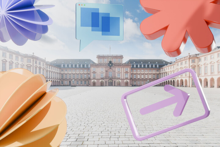 Bildgrafik: Das Mannheimer Schloss mit Ehrenhof, umrahmt pastellfarbigen Grafikelementen, darunter ein Pfeil und eine Sprechblase.
