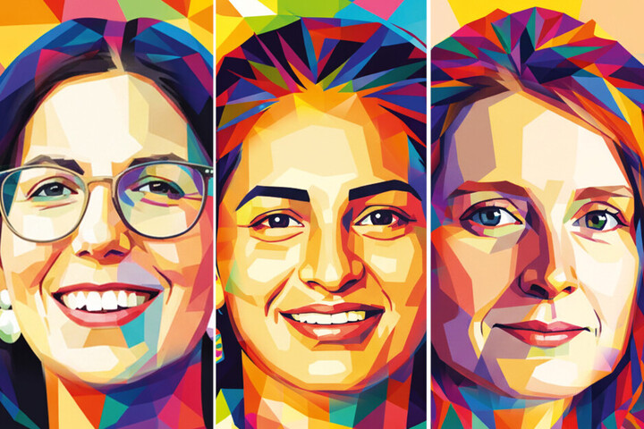 Porträtbilder von Marie-Luis Merten, Pooja Rani und Simone Rademacher, die mit bunten Farben grafisch illustriert wurden.