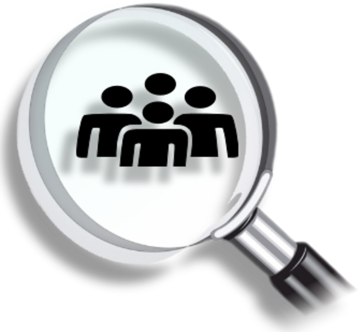 Eine Lupe zeigt vier Menschen in Clipart