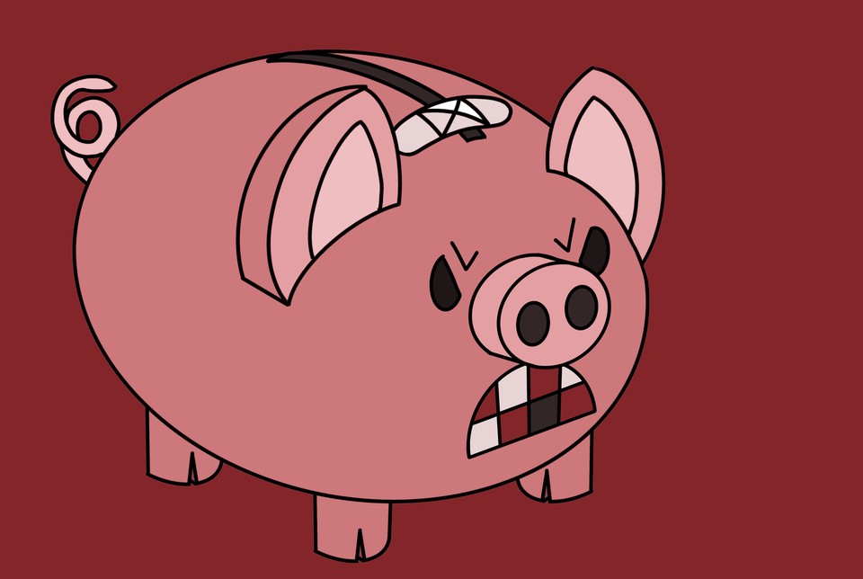 Ein grimmig schauendes altrosafarbenes Sparschwein mit Pflaster auf dem Kopf