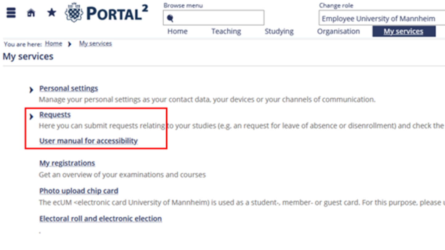 A screenshot of the Portal² website showing the “My services” subpage with the “Requests” section outlined in a red box.