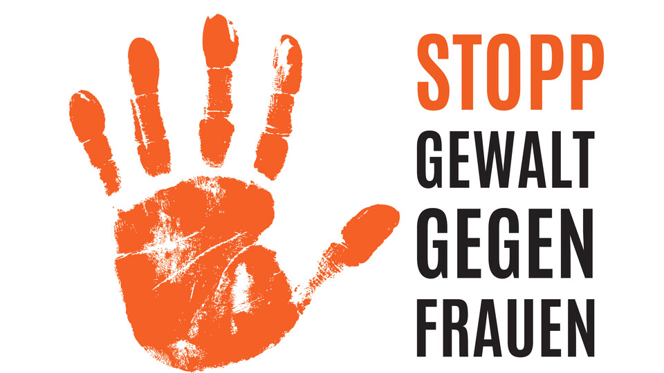 Visual mit einer ablehnenden Hand und dem Text: Stopp Gewald gegen Frauen