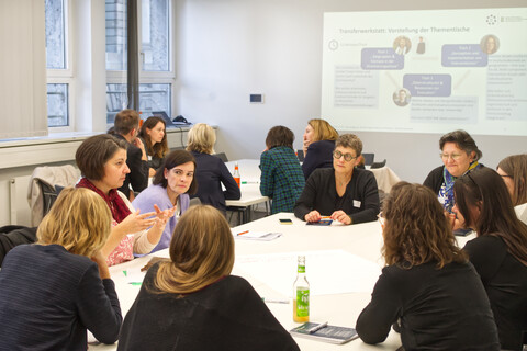 Ein Raum mit mehreren Tischen, an denen in kleineren Runden gemeinsam von den Teilnehmenden diskutiert wird.