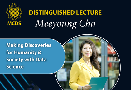 Werbeflyer für den Vortrag mit Titel, Ort, Datum der Veranstaltung und einem Foto von Meeyoung Cha