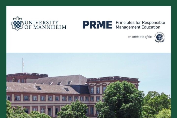 Der Header des PRME-Reports. Man sieht den Westflügel des Mannheimer Schlosses sowie das Logo der Universität Mannheim und von PRME.
