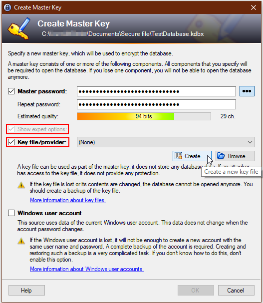 Screenshot Create key file