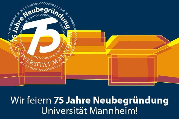 Ein Poster zu 75 Jahre Neubegründung der Universität Mannheim zeigt das Schloss in abstrakter Form.