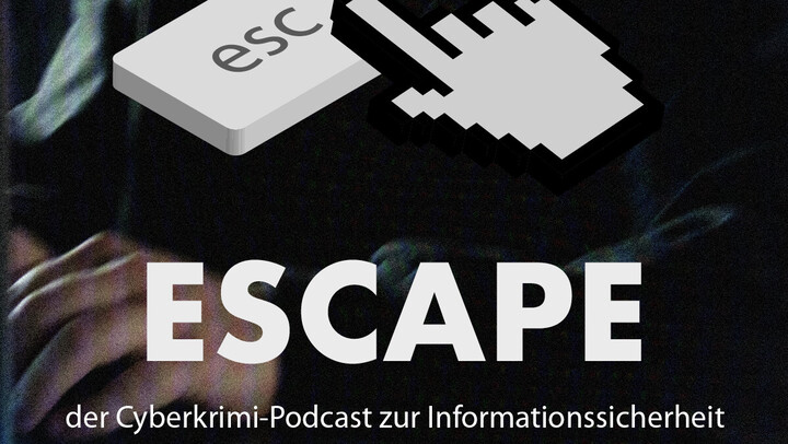 Logo des Poscast "escape" der Uni Mannheim. Im Hintergrund sitzt eine Person an einem Schreibtisch. Im Vordergrund ist in Clipart die Computertaste "escape" sowie das Symbol des Zeigers der Computermaus abgebildet. 