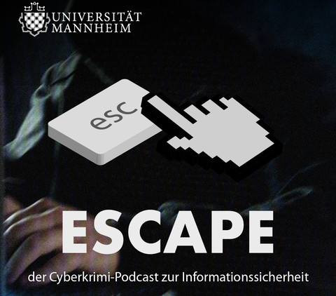 Logo des Poscast "escape" der Uni Mannheim. Im Hintergrund sitzt eine Person an einem Schreibtisch. Im Vordergrund ist in Clipart die Computertaste "escape" sowie das Symbol des Zeigers der Computermaus abgebildet.