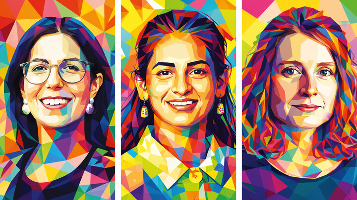 Porträtbilder von Marie-Luis Merten, Pooja Rani und Simone Rademacher, die mit bunten Farben grafisch illustriert wurden.