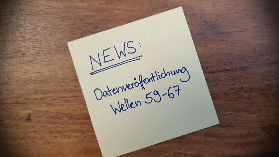 Post it auf dem steht: News. Daten­veröffentlichung Wellen 59–67