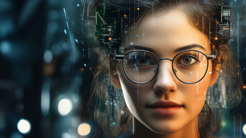 Eine Studentin mit Brille blickt freundlich in die Kamera. Text: Schlaue neue Welt? KI und Digitalisierung an der Uni Mannheim.