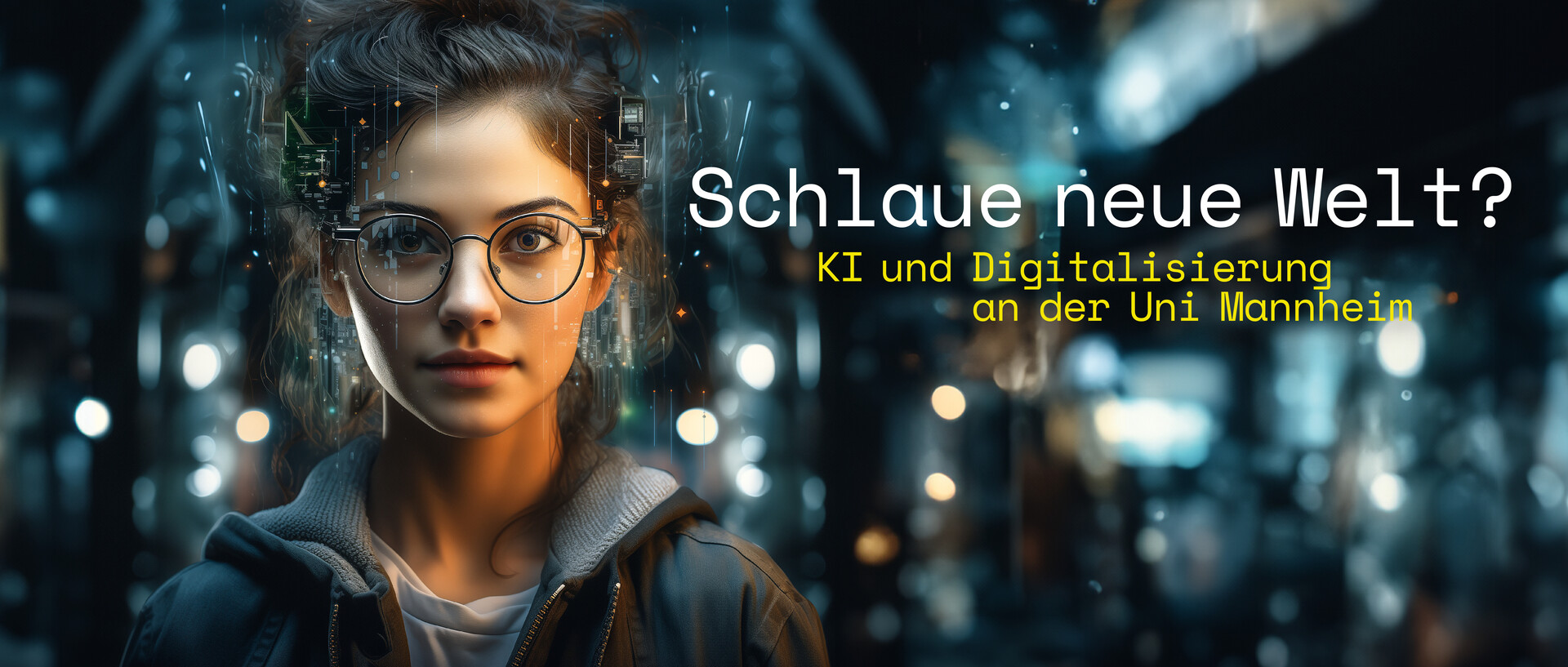 Eine Studentin mit Brille blickt freundlich in die Kamera. Text: Schlaue neue Welt? KI und Digitalisierung an der Uni Mannheim.