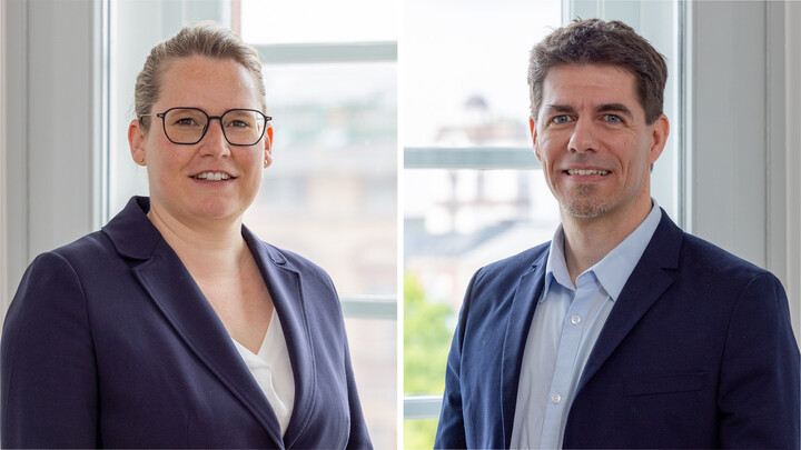 Eine Collage aus zwei Porträtfotos von Carina Hartmann und Dr. Christoph Sajons.