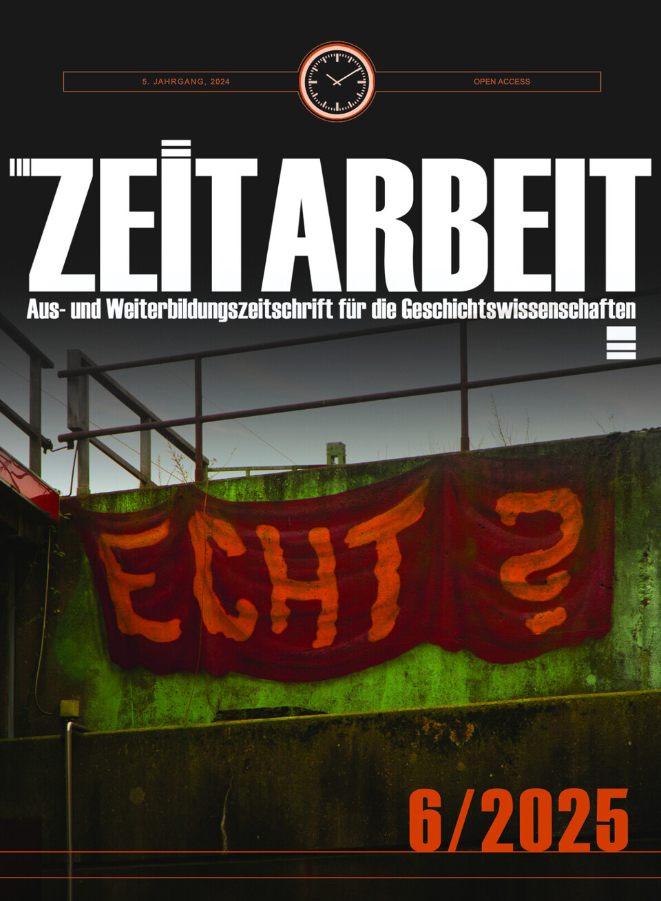 Das Cover der sechsten Ausgabe der Zeitschrift "Zeitarbeit": Ein Banner mit der Aufschrift "Echt?" hängt an einer Industriefassade.