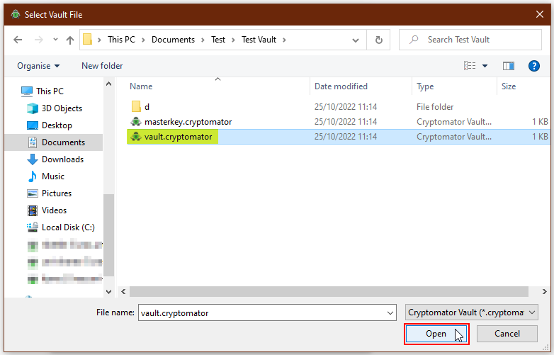Screenshot Open the file “vault.cryptomator”
