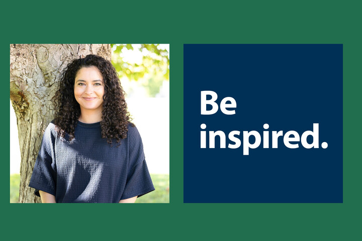 Drei Portraits von unterschiedlich an der Uni Mannheim beschäftigten Personen sind nebeneinander vor einem grünen Hintergrund aufegreiht. Daneben steht der Slogan "Be inspired".