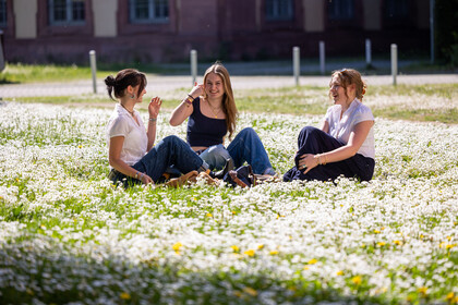 Drei Studentinnen sitzen auf einer Wiese auf dem Campus.