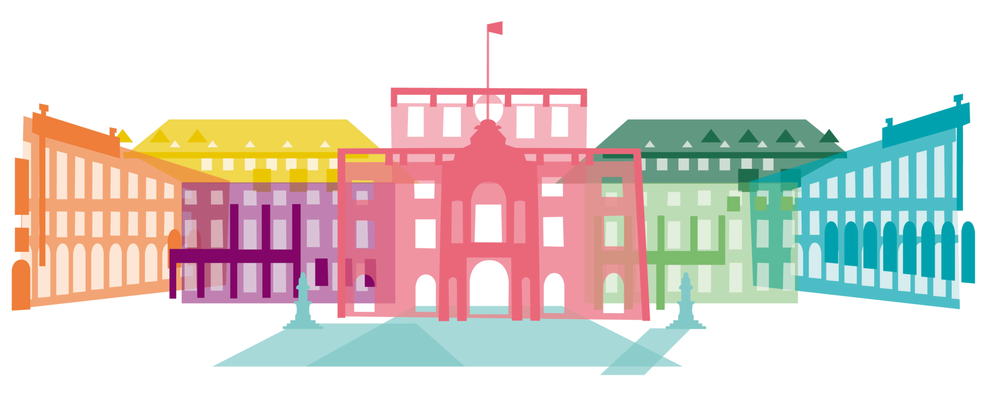 Mannheim Schloss as illustration, composed of many colorful, different-colored building blocks.