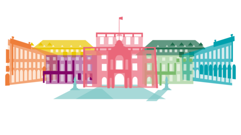 Das Mannheimer Schloss als Grafik, zusammengesetzt aus vielen bunten, verschiedenfarbigen Bausteinen.