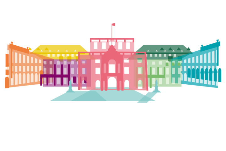 Grafik des Mannheimer Schlosses, zusammengesetzt aus vielen bunten, verschiedenfarbigen Bausteinen.