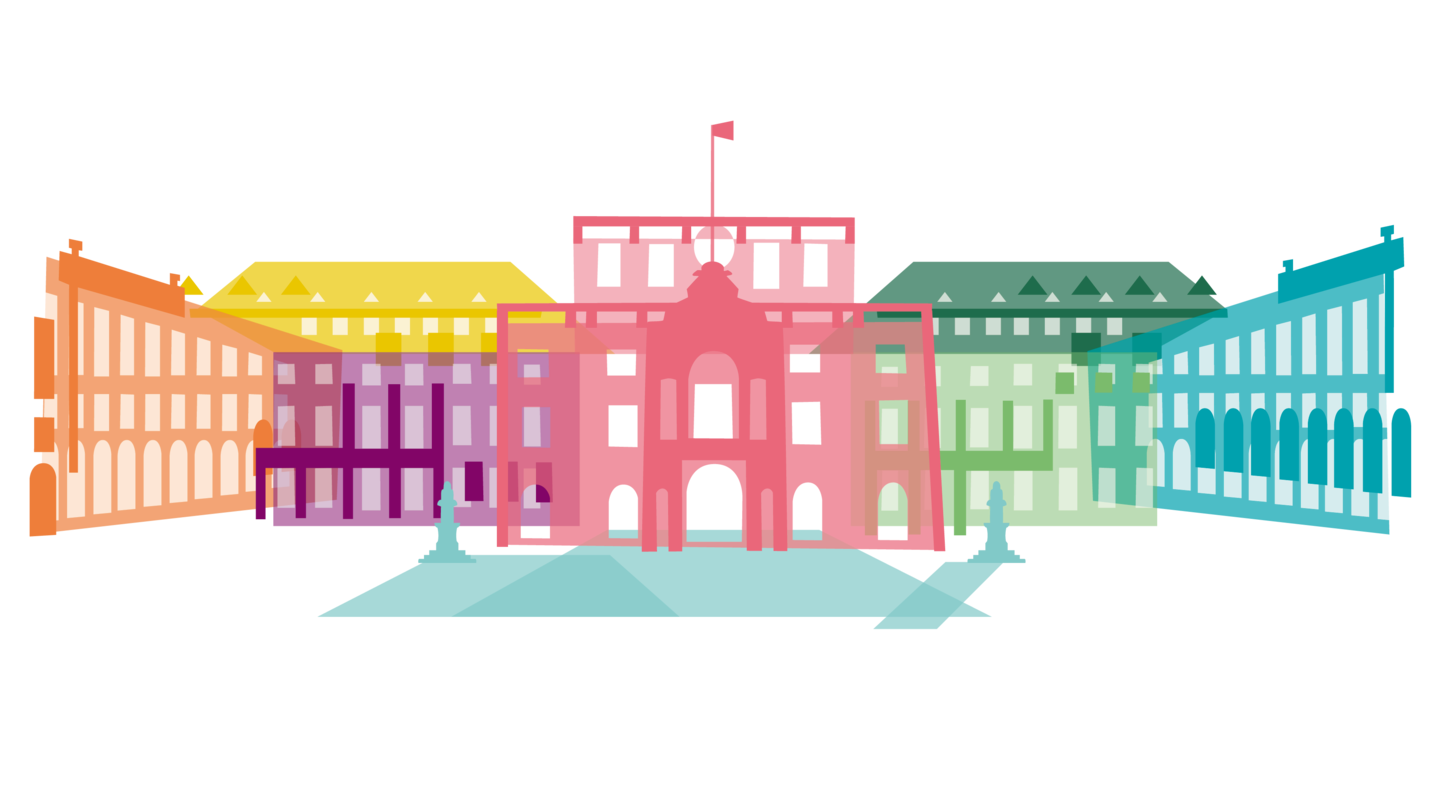Mannheim Schloss as illustration, composed of many colorful, different-colored building blocks.