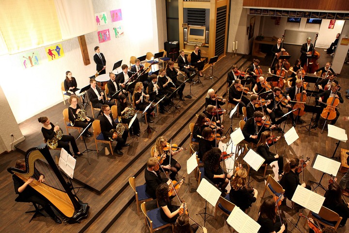 Ein Orchester mit Streichinstrumenten und Blasinstrumenten.