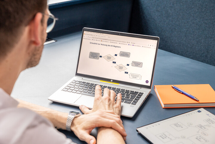 Ein Mitarbeiter hat ein Schaubild zur Nutzung des KI-Registers auf einem Laptop geöffnet.