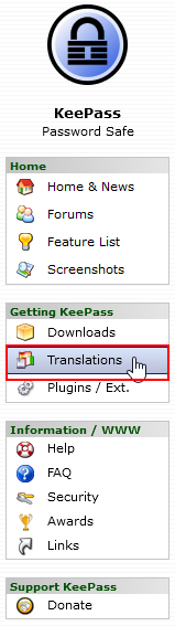 Screenshot KeePass Herstellerseite Sprachen