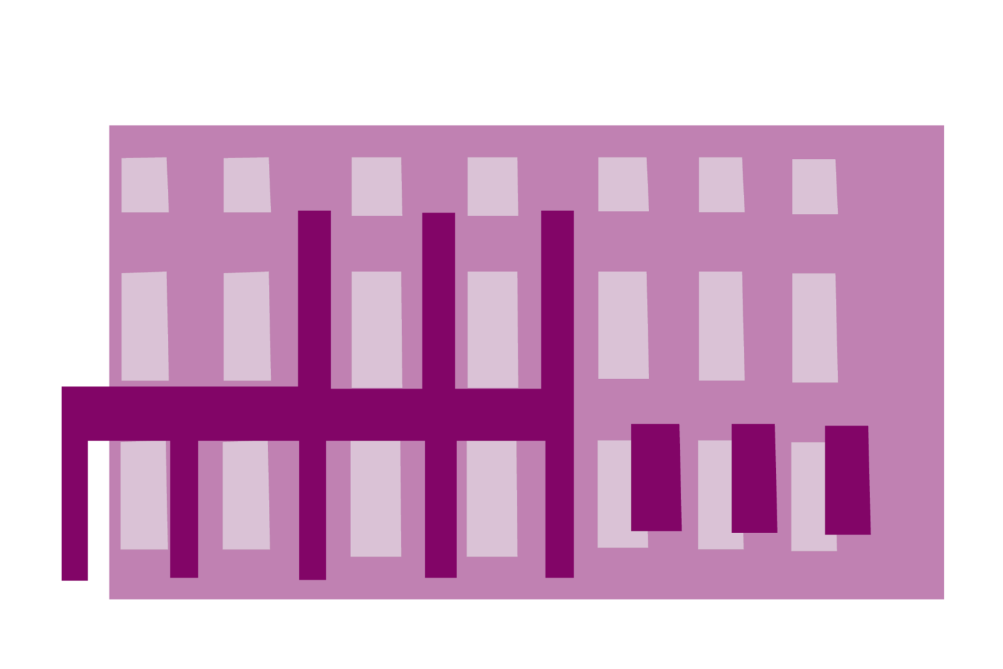 Lila Grafik einer Seitenfassade des Mannheimer Schlosses. Zusammen mit den anderen, verschiedenfarbigen Bausteinen bildet sie ein buntes Schloss. 