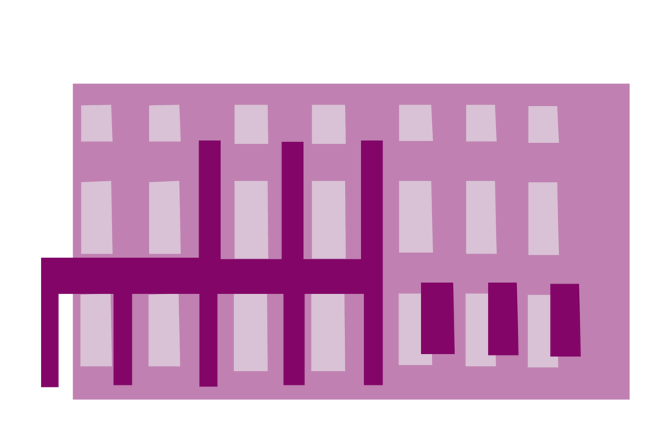 Purple illustration of a facade of the Mannheim Schloss. Zusammen mit den anderen, verschiedenfarbigen Bausteinen bildet sie ein buntes Schloss.