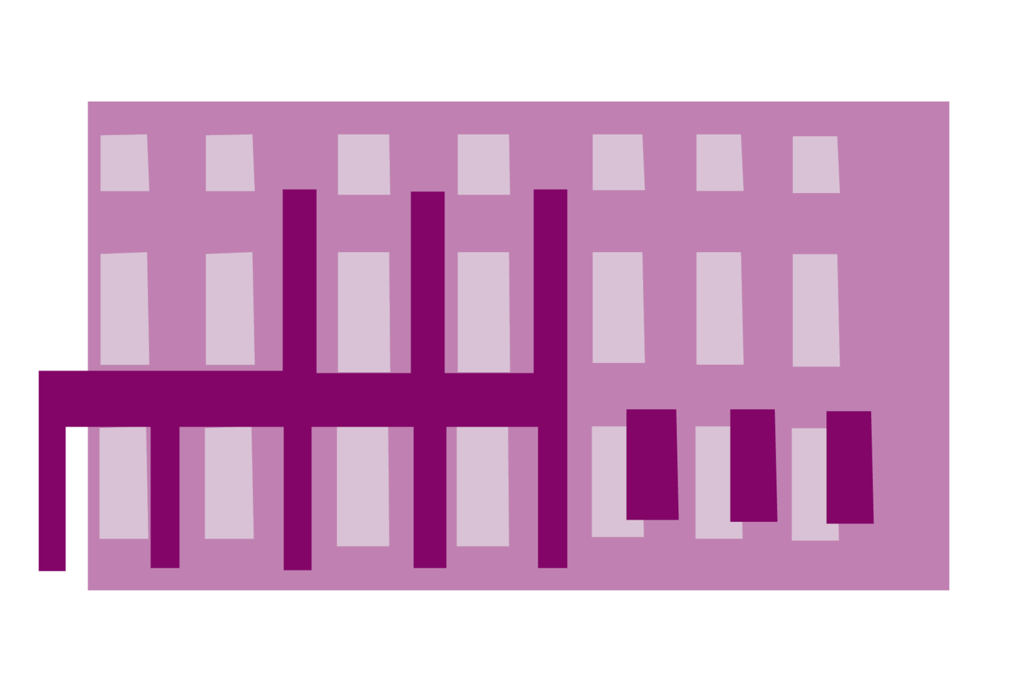 Lila Grafik einer Seitenfassade des Mannheimer Schlosses. Zusammen mit den anderen, verschiedenfarbigen Bausteinen bildet sie ein buntes Schloss. 