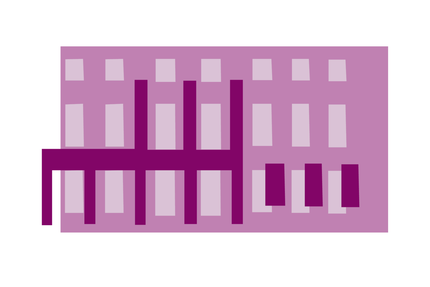 Lila Grafik einer Seitenfassade des Mannheimer Schlosses. Zusammen mit den anderen, verschiedenfarbigen Bausteinen bildet sie ein buntes Schloss. 