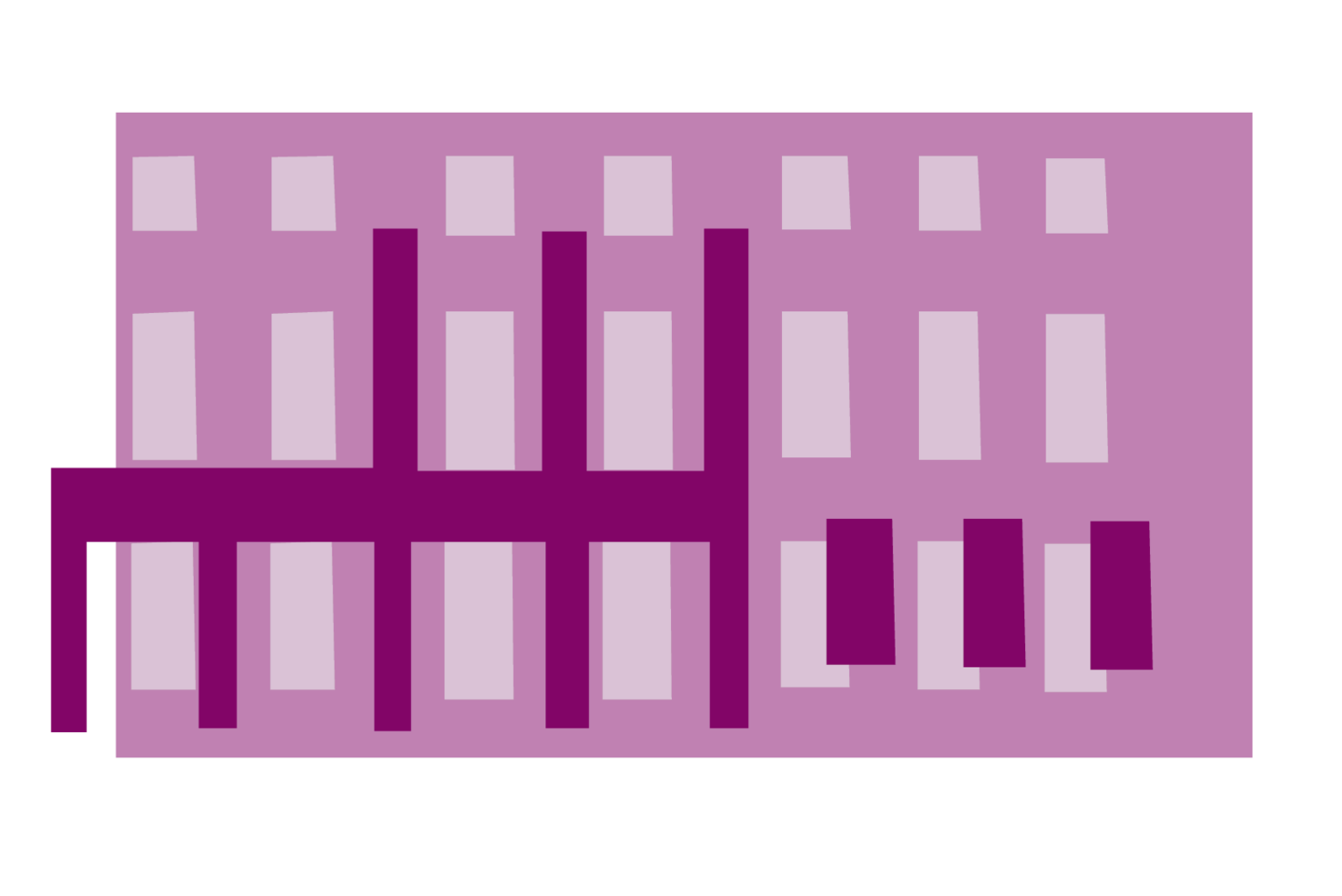 Lila Grafik einer Seitenfassade des Mannheimer Schlosses. Zusammen mit den anderen, verschiedenfarbigen Bausteinen bildet sie ein buntes Schloss. 