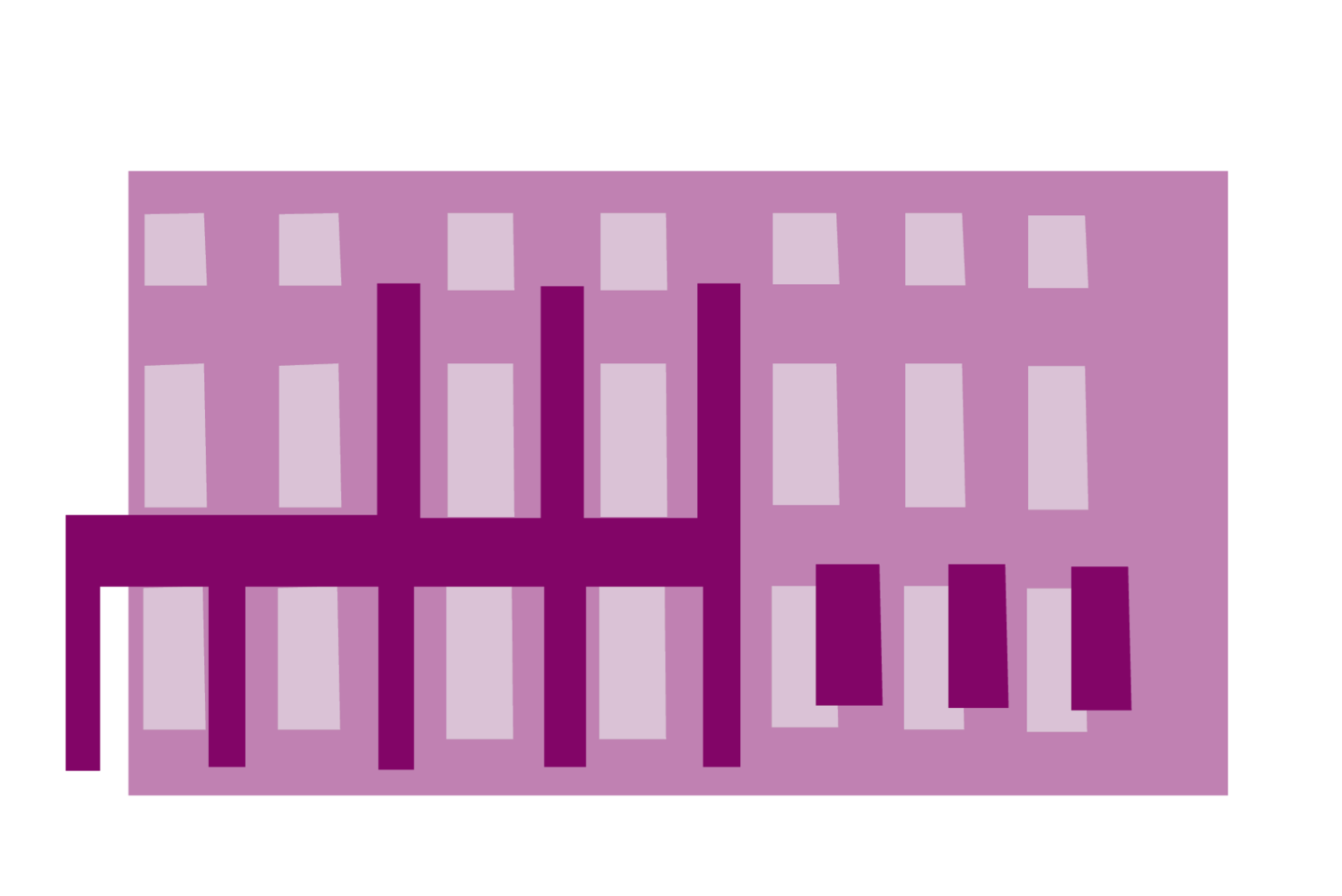 Purple illustration of a facade of the Mannheim Schloss. Zusammen mit den anderen, verschiedenfarbigen Bausteinen bildet sie ein buntes Schloss.