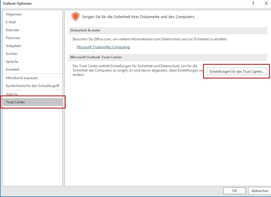 Einstellungen für das Trust-Center in Outlook-Optionen öffnen